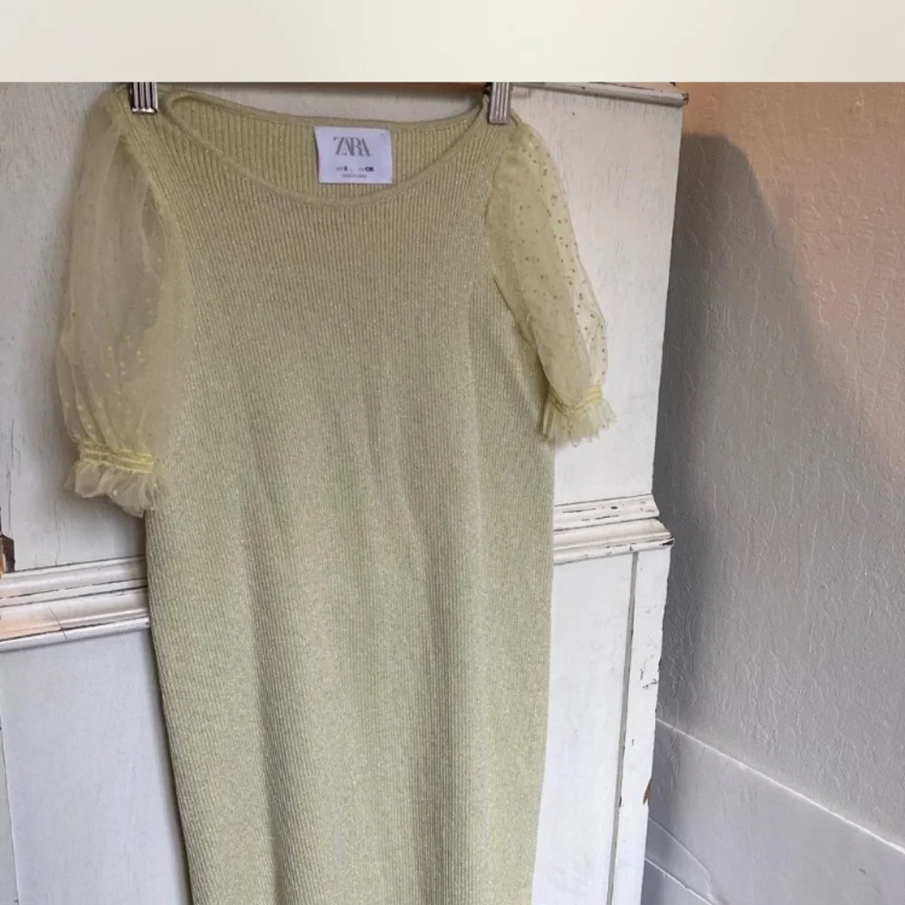 Zara shimmer top with sheer polka dot puffy sleeves size 8